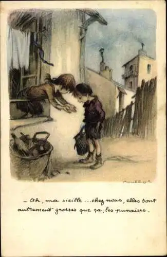 Künstler Ak Poulbot, Francisque, Ligue Nationale Contre le Taudis, Kinder, Straßenansicht
