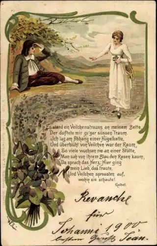 Litho Gedicht von Emanuel Geibel, Es stand ein Veilchenstrauß an meinem Bette, Liebespaar 