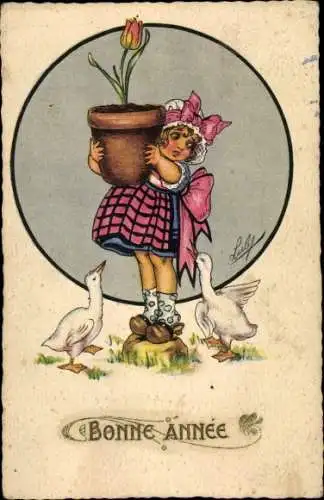 Künstler Ak Bonne Année, Glückwunsch Neujahr, Mädchen, Blumentopf, Gänse