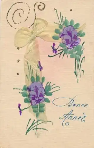 Handgemalt Material Ak Bonne Année, Glückwunsch Neujahr, Blumen, Schleife 