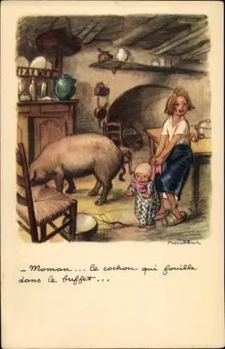 Künstler Ak Poulbot, Francisque, Ligue Nationale Contre le Taudis, Kinder, Schwein, Küche