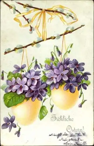 Präge Ak Glückwunsch Ostern, Ostereier, Blumen, Weidenkätzchen, Waage