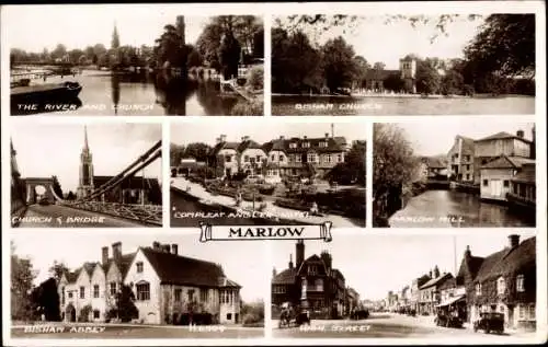 Ak Marlow Buckinghamshire, Bisham Church and Abbey, Compleat Angler Hotel, Marlow Mill, High Street