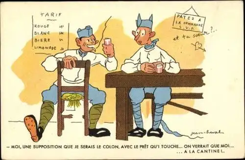 Künstler Ak Cheval, Jean, Französische Soldaten in der Kantine, Karikatur