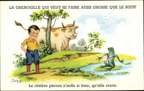 Künstler Ak Patt, Jim, La Grenouille qui veut se faire aussi grosse que le Boeuf, geplatzter Frosch