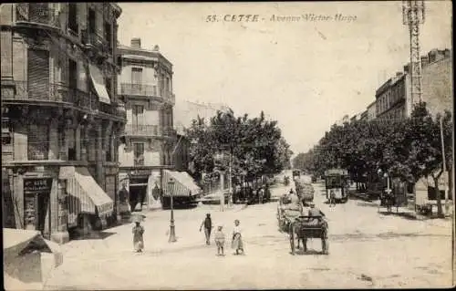 Ak Sète Cette Hérault, Avenue Victor Hugo, Geschäft Henri Assie, Cafe Riche, Straßenbahn