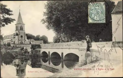 Ak Saint-Julien-lès-Gorze Lothringen Meurthe et Moselle, L'Eglise et le Pont, Kirche, Brücke