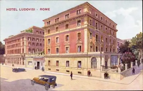 Künstler Ak Roma Rom Lazio, Straßenpartie mit Blick auf das Hotel Ludovisi, Automobile