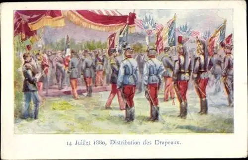 Künstler Ak Pichot, 14 Juillet 1880, Distribution des Drapeaux, Soldaten, Fahnenverteilung