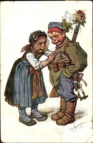 Künstler Ak Frau in bayerischer Tracht und Mann Soldat in Uniform, Eisernes Kreuz, Dirndl