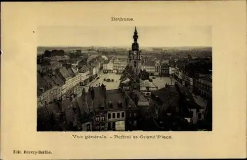 Präge Passepartout Ak Béthune Pas de Calais, Vue générale, Beffroi et Grand' Place