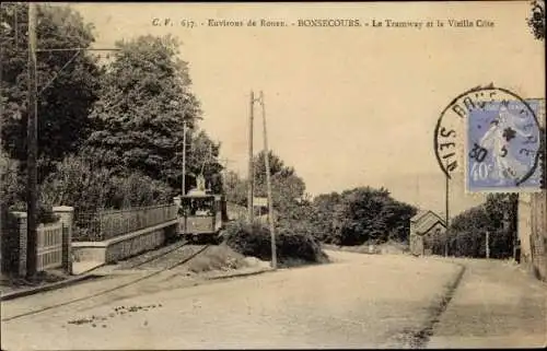 Ak Bonsecours Seine Maritime, Le Tramway et la Vieille Côte, Straßenbahn