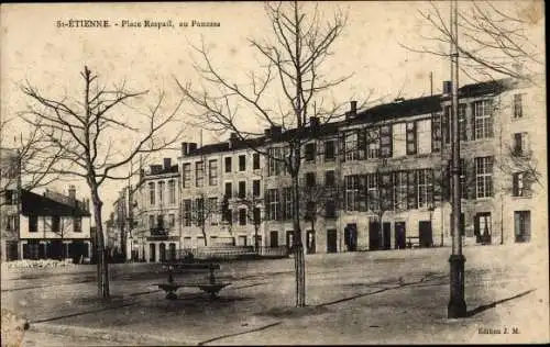 Ak Saint Étienne Loire, Place Raspail, au Panassa, Platz mit Denkmal, Wohnhäuser