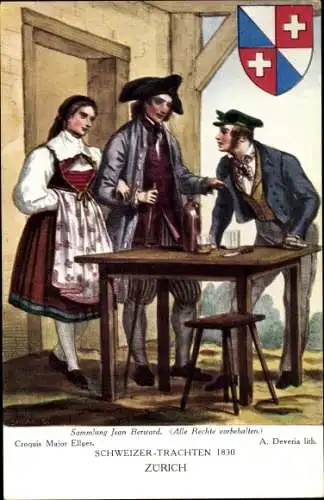 Wappen Ak Deveria, A., Frau und zwei Männer in Schweizer Tracht zu Tisch, Zürich 1830