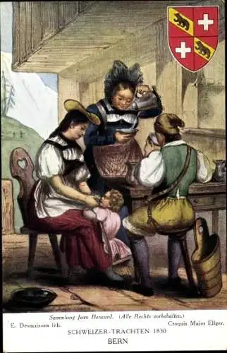 Wappen Ak Desmaisons, E., Frauen, Kind und Mann zu Tisch in Schweizer Tracht, Bern 1830