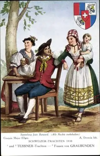 Wappen Ak Deveria, A., Eltern mit Baby in Schweizer Tracht, Graubünden, Tessin 1830