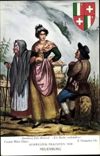 Wappen Ak Demaches, E., Frauen und Mann in Schweizer Tracht, Neuenburg 1830