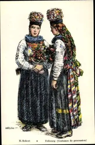 Künstler Ak Robert, H., Frauen in Schweizer Tracht, Fribourg, Costumes de procession