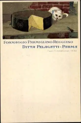 Künstler Ak Formaggio Parmigiano Reggiano, Ditta Pelagatti Parma, Casa Fondatanel 1839, Käse, Katze