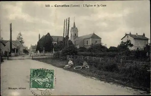 Ak Cercottes Loiret, L'Eglise, La Gare