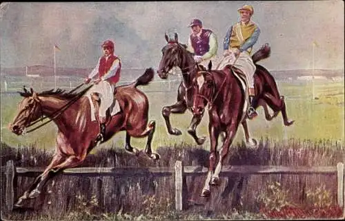 Künstler Ak Jockeys bei dem Sprung über ein Hindernis, Hindernisrennen