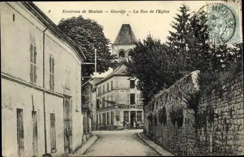 Ak Oinville Yvelines, La Rue de l'Eglise, Kirche, Café