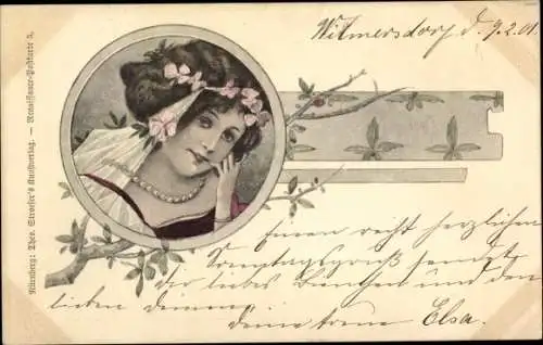 Litho Portrait einer Frau mit Blumenkranz und Perlenkette