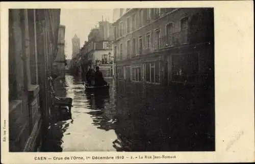 Ak Caen Calvados, Crue de l'Orne 1910, La Rue Jean Romain