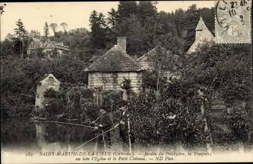 Ak Saint Martin de la Lieue Calvados, Jardin du Prcsbytere, la Touques, au loin l'Eglise