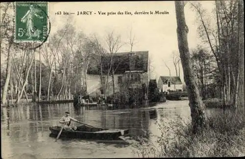 Ak Varennes Jarcy Essonne, Vue prise des Iles, derriere le Moulin, Ruderboot