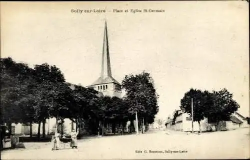 Ak Sully sur Loire Loiret, Place et Eglise St. Germain