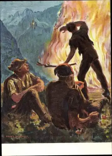 Künstler Ak Widmer, Hans, Bundesfeier 1943, Männer am Feuer