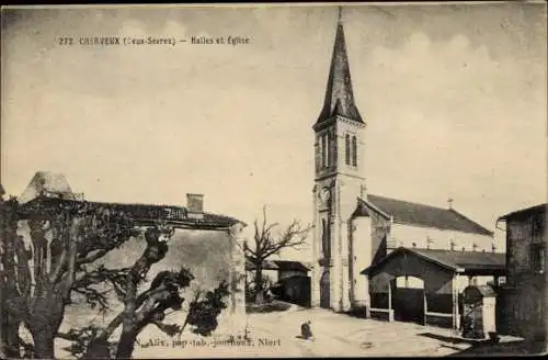 Ak Cherveux Deux Sevres, Halles et Eglise