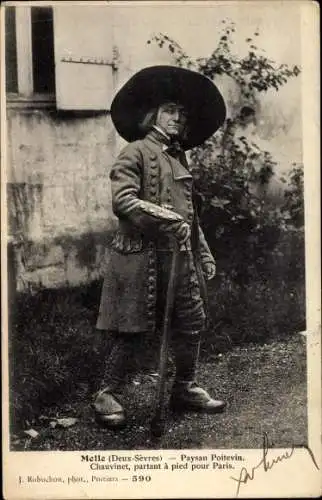 Ak Melle Deux Sèvres, Paysan Poitevin, Chauvinet, partant a pied pour Paris