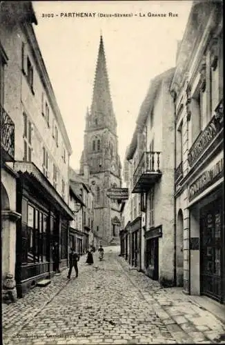 Ak Parthenay Deux Sèvres, La Grande Rue, Eglise, Droguerie