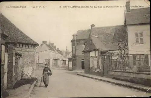 Ak Saint André de l'Eure Eure, Rue de Nonancourt et Grande Rue, Femme avec panier