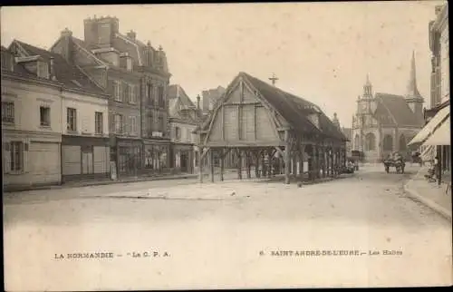 Ak Saint André de l'Eure Eure, Les Halles, l´Église