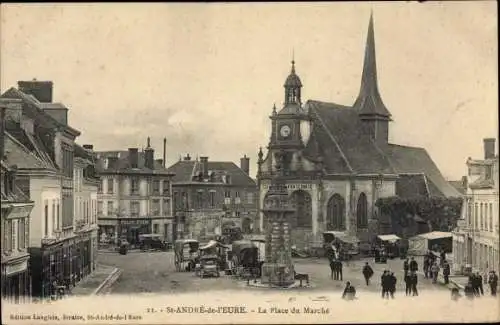 Ak Saint André de l'Eure Eure, La place du Marché, Église