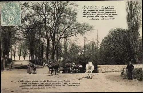 Ak Verneuil Eure, Abreuvoir du Boulevard Jean Bertin, Troupeau de vaches