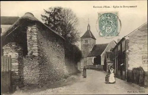 Ak Ecos Eure, Église de Dampsmesnil, Femme avec enfant