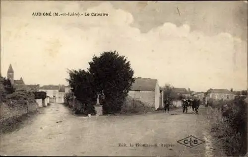 Ak Aubigne Briand Maine-et-Loire, Le Calvaire, charrette à vaches