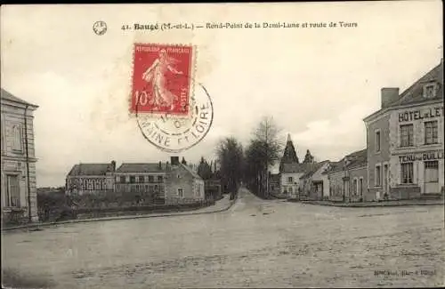 Ak Baugé Maine et Loire, Rond Point de la Demi Lune et route de Tours