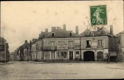 Ak Baugé Maine et Loire, Rond point et rue Camusière, Hôtel des quatre vents chez Brard