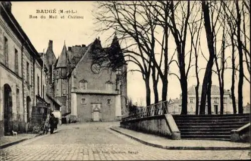 Ak Baugé Maine et Loire, Rue du Mail et Château, arbres dénudés