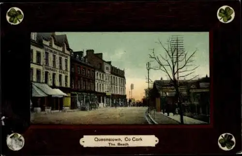 Ak Cobh Queenstown County Cork Irland, The Beach, Geschäftshäuser