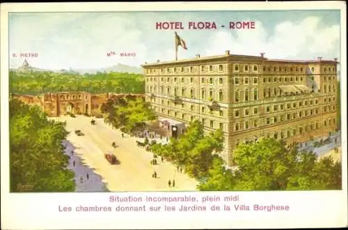 Künstler Ak Roma Rom Lazio, Hotel Flora, S. Pietro, Monte Mario, Villa Borghese