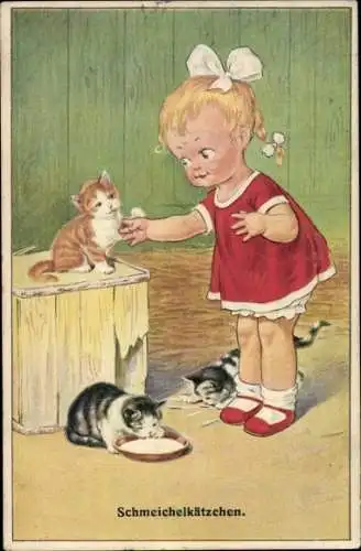 Künstler Ak Schmeichelkätzchen, Mädchen mit Katzenjungen, BKWI 582-2