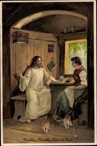 Künstler Präge Ak Mailick, Martha, Martha, Eins ist Not, Lukas 10, 38–42, Jesus, Katzenjungen