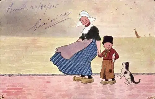 Künstler Ak Pepose, Mutter mit Kind in holländischer Tracht, Katzenjunge, BKWI 840-2