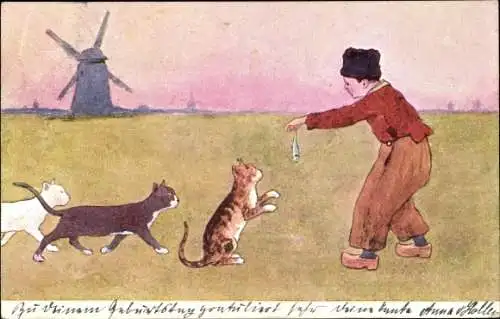 Künstler Ak Pepose, Mann in holländischer Tracht füttert Katzenjungen, BKWI 648 6